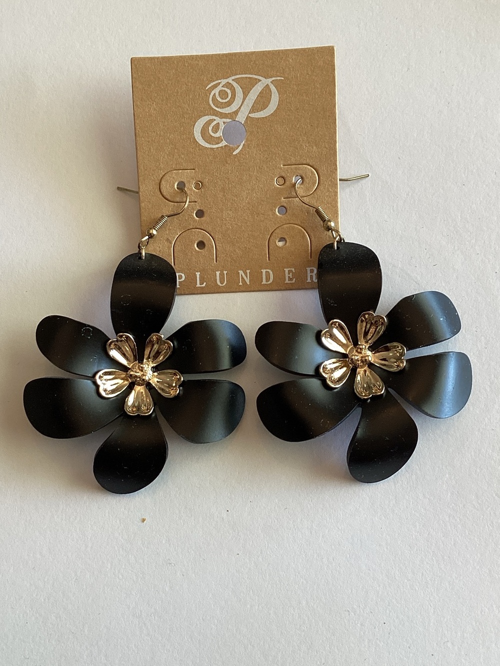 Plunder Black Floral Drop Earrings with Gold Flower Center